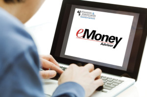 Person seated at laptop with Hansen & Associates, eMoney Advisor on the screen.